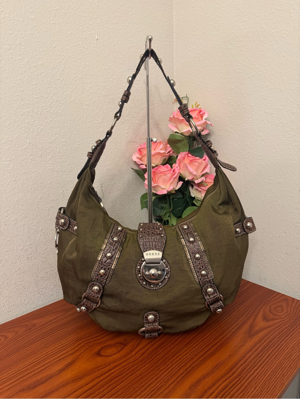 GUESS Olive Green Shoulder Hobo with Studded Trim